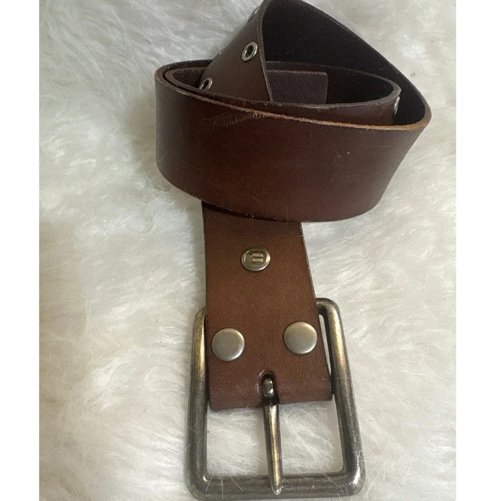 Ecko Vintage Belt Mens 32-36 Brown Genuine Leather Silver Buckle Eyelet Casual